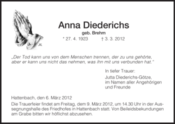 Traueranzeige von Anna Diederichs von HERSFELDER ZEITUNG