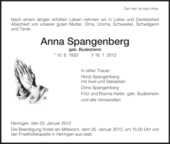 Traueranzeige von Anna Spangenberg von HERSFELDER ZEITUNG