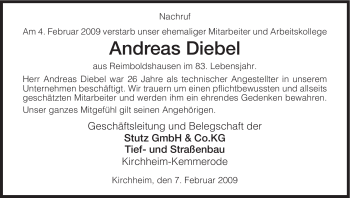 Traueranzeige von Andreas Diebel von HERSFELDER ZEITUNG