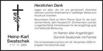 Traueranzeige von Heinz-Karl Swatschek von HERSFELDER ZEITUNG