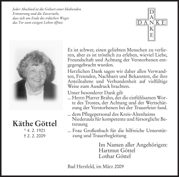 Traueranzeige von Käthe Göttel von HERSFELDER ZEITUNG