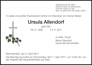 Traueranzeige von Ursula Allendorf von HERSFELDER ZEITUNG