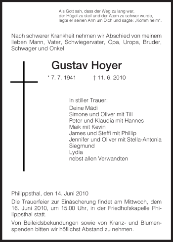 Traueranzeige von Gustav Hoyer von HERSFELDER ZEITUNG