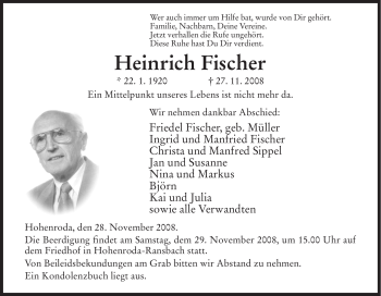 Traueranzeige von Heinrich Fischer von HERSFELDER ZEITUNG