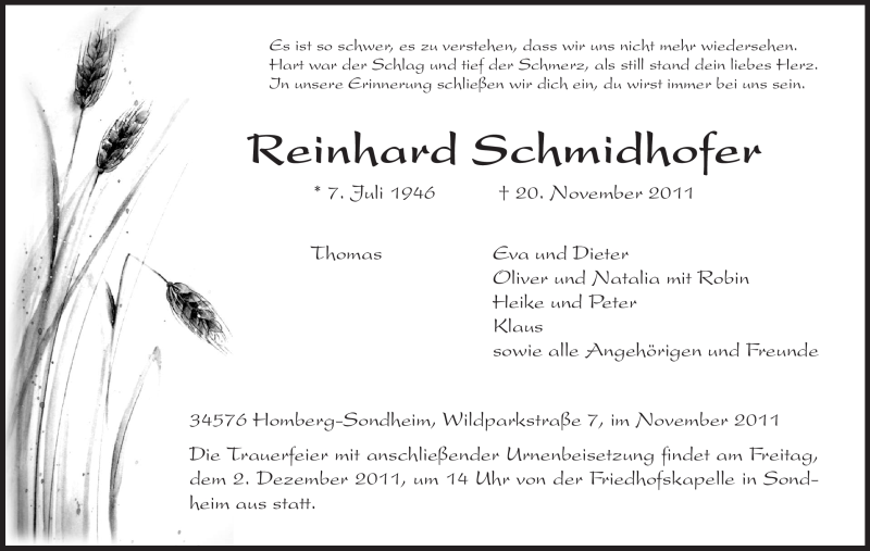  Traueranzeige für Reinhard Schmidhofer vom 26.11.2011 aus HERSFELDER ZEITUNG