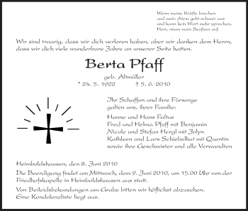 Traueranzeige von Berta Pfaff von HERSFELDER ZEITUNG