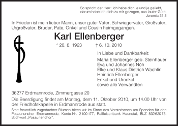 Traueranzeige von Karl Ellenberger von HERSFELDER ZEITUNG