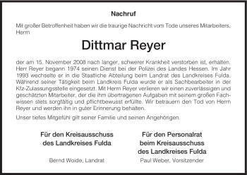 Traueranzeige von Dittmar Reyer von HERSFELDER ZEITUNG