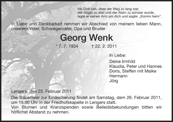 Traueranzeige von Georg Wenk von HERSFELDER ZEITUNG