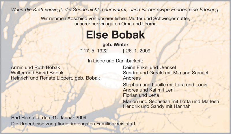  Traueranzeige für Else Bobak vom 31.01.2009 aus HERSFELDER ZEITUNG