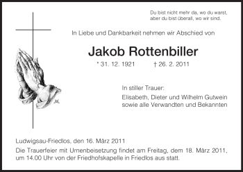 Traueranzeige von Jakob Rottenbiller von HERSFELDER ZEITUNG