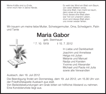 Traueranzeige von Maria Gabor von HERSFELDER ZEITUNG