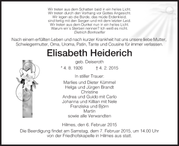 Traueranzeige von Elisabeth Heiderich von Hersfeld