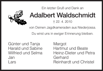 Traueranzeige von Adalbert Waldschmidt von HERSFELDER ZEITUNG