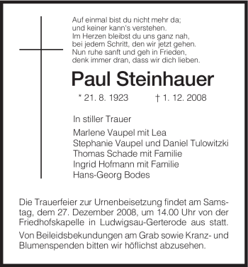 Traueranzeige von Paul Steinhauer von HERSFELDER ZEITUNG