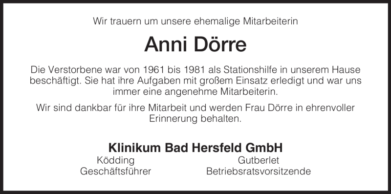  Traueranzeige für Anni Dörre vom 24.03.2009 aus HERSFELDER ZEITUNG