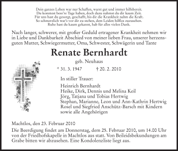 Traueranzeige von Renate Bernhardt von HERSFELDER ZEITUNG