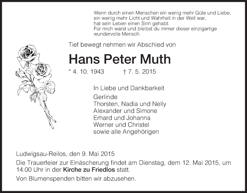  Traueranzeige für Hans Peter Muth vom 09.05.2015 aus Hersfeld