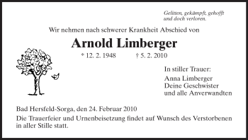 Traueranzeige von Arnold Limberger von HERSFELDER ZEITUNG