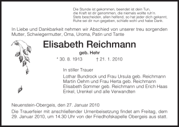 Traueranzeige von Elisabeth Reichmann von HERSFELDER ZEITUNG