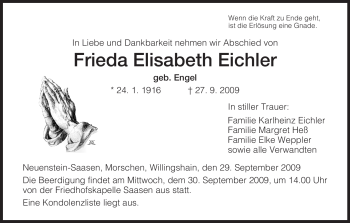 Traueranzeige von Frieda Elisabeth Eichler von HERSFELDER ZEITUNG