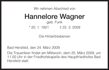 Traueranzeige von Hannelore Wagner von HERSFELDER ZEITUNG