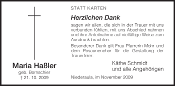 Traueranzeige von Maria Haßler von HERSFELDER ZEITUNG