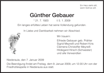 Traueranzeige von Günther Gebauer von HERSFELDER ZEITUNG