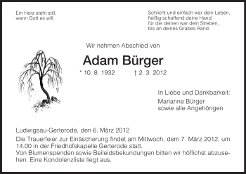 Traueranzeige von Adam Bürger von HERSFELDER ZEITUNG