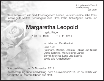 Traueranzeige von Margaretha Leopold von HERSFELDER ZEITUNG