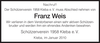 Traueranzeige von Franz Weis von HERSFELDER ZEITUNG