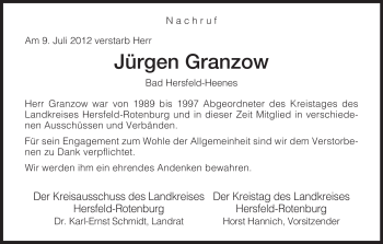 Traueranzeige von Jürgen Granzow von HERSFELDER ZEITUNG