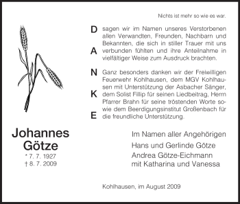 Traueranzeige von Johannes Götze von HERSFELDER ZEITUNG