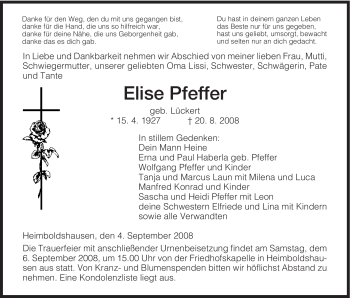 Traueranzeige von Elise Pfeffer von HERSFELDER ZEITUNG