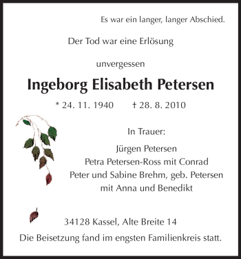 Traueranzeige von Ingeborg Elisabeth Petersen von HERSFELDER ZEITUNG