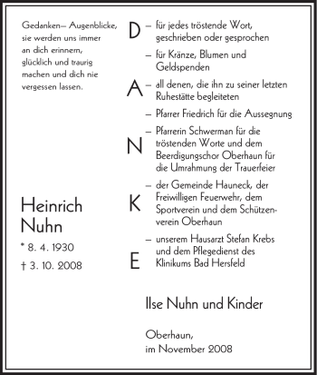 Traueranzeige von Heinrich Nuhn von HERSFELDER ZEITUNG