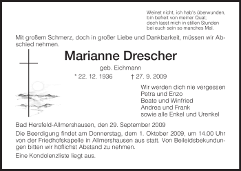 Traueranzeige von Marianne Drescher von HERSFELDER ZEITUNG