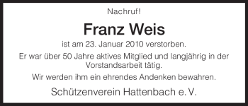 Traueranzeige von Franz Weis von HERSFELDER ZEITUNG