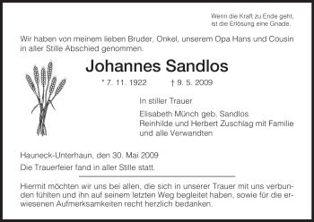 Traueranzeige von Johannes Sandlos von HERSFELDER ZEITUNG