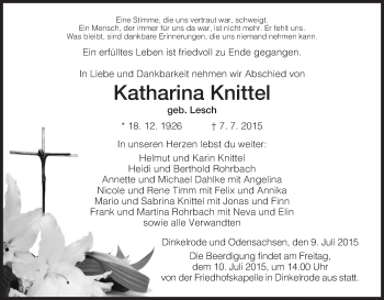 Traueranzeige von Katharina Knittel von Hersfeld