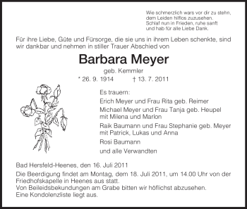 Traueranzeige von Barbara Meyer von HERSFELDER ZEITUNG