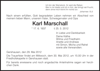 Traueranzeige von Karl Marschall von HERSFELDER ZEITUNG