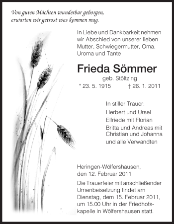 Traueranzeige von Frieda Sömmer von HERSFELDER ZEITUNG