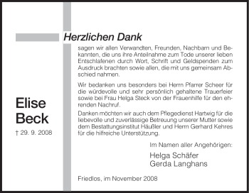 Traueranzeige von Elise Beck von HERSFELDER ZEITUNG