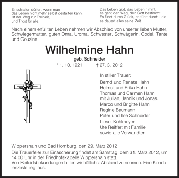 Traueranzeige von Wilhelmine Hahn von HERSFELDER ZEITUNG