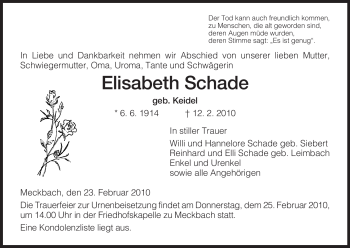 Traueranzeige von Elisabeth Schade von HERSFELDER ZEITUNG