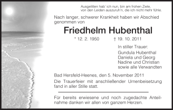 Traueranzeige von Friedhelm Hubenthal von HERSFELDER ZEITUNG