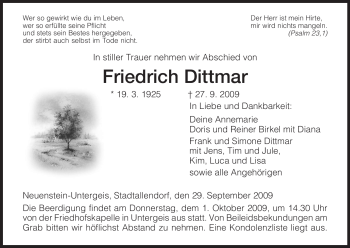 Traueranzeige von Friedrich Dittmar von HERSFELDER ZEITUNG