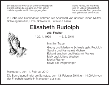 Traueranzeige von Elisabeth Rudolph von HERSFELDER ZEITUNG