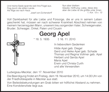 Traueranzeige von Georg Apel von HERSFELDER ZEITUNG